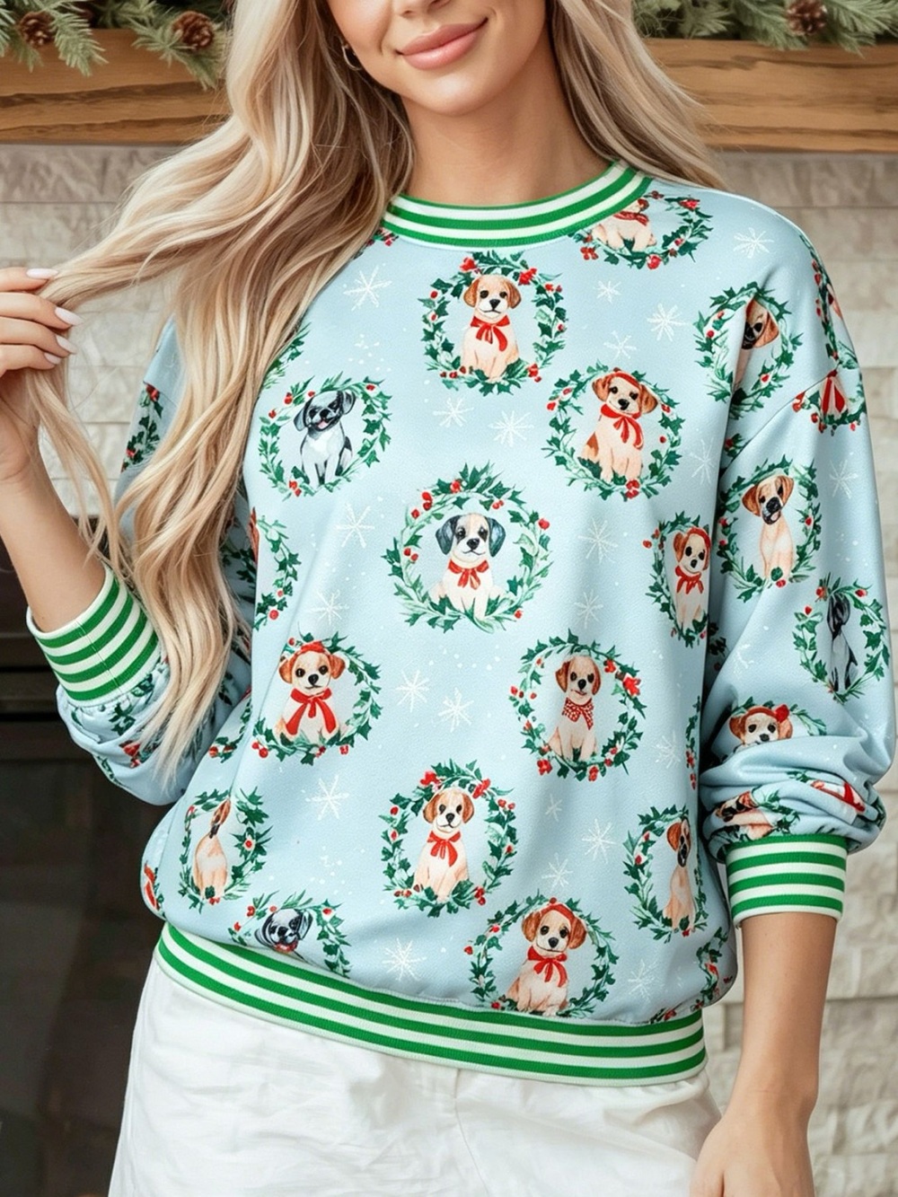 Abstract Dog Print Ribbed Cuff Round Neck Long Sleeve Sweatshirt